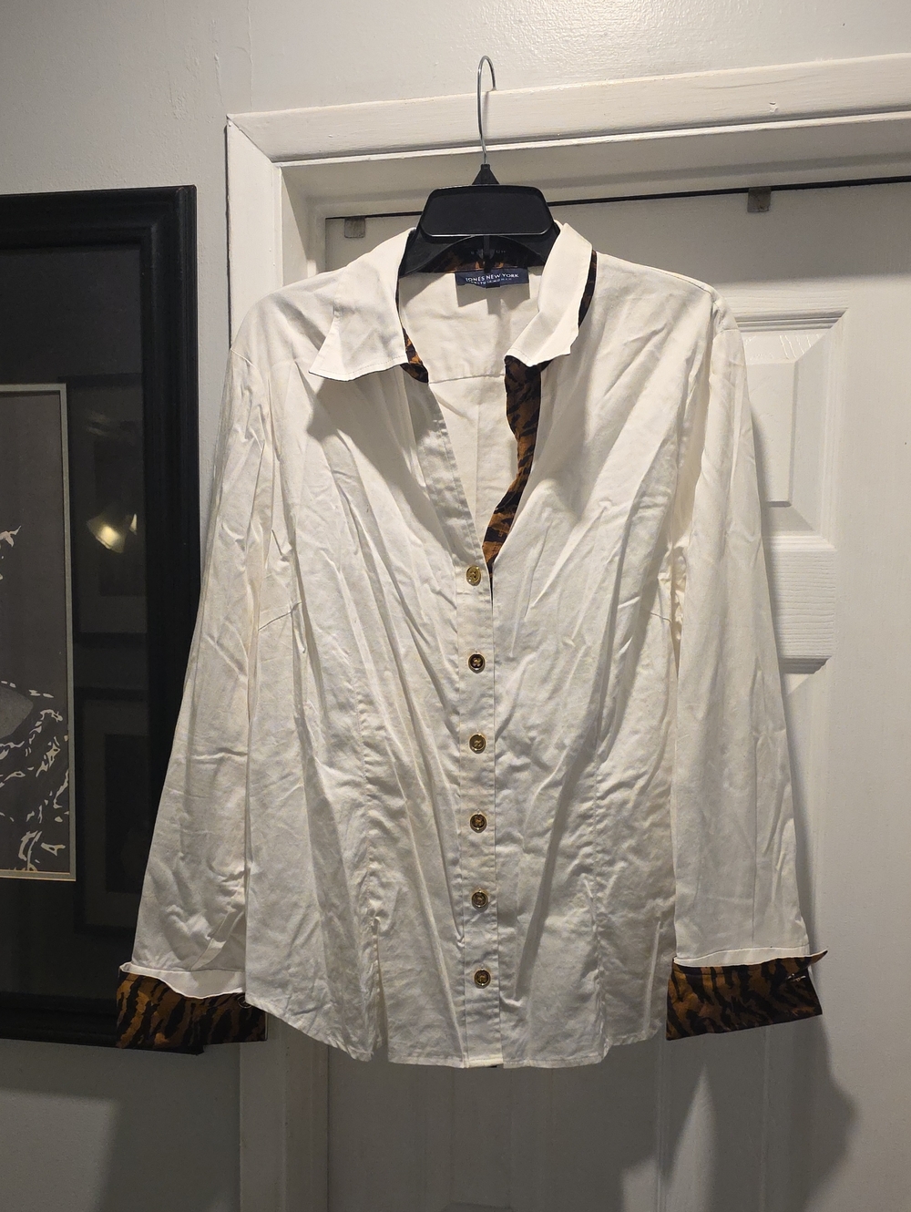 White Button-Up Shirt with Leapord Trim